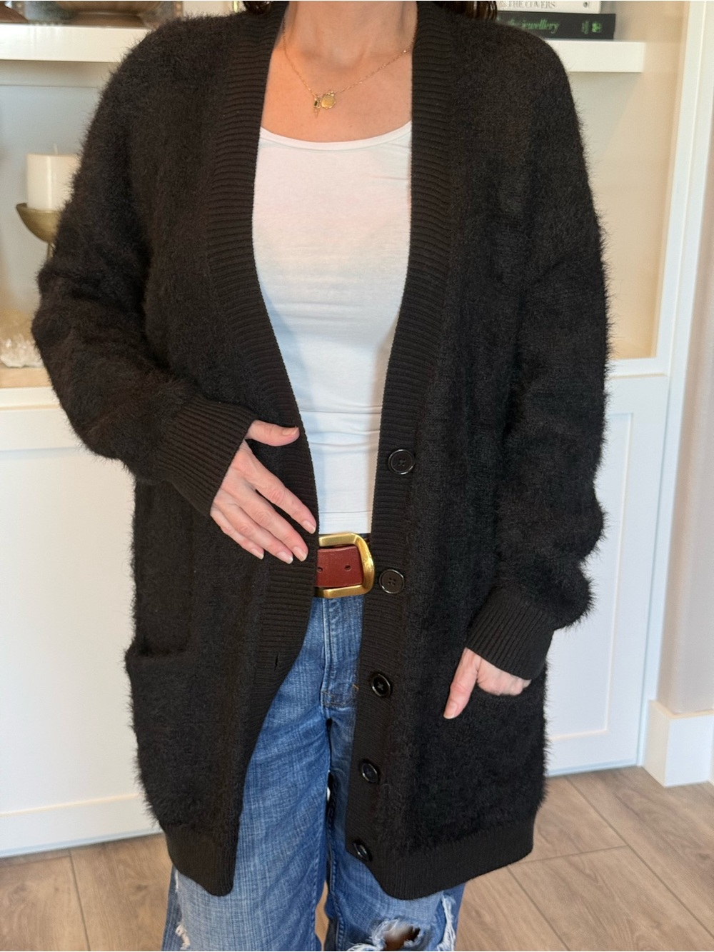 Sanctuary Black Button-Front Fuzzy Long Cardigan
